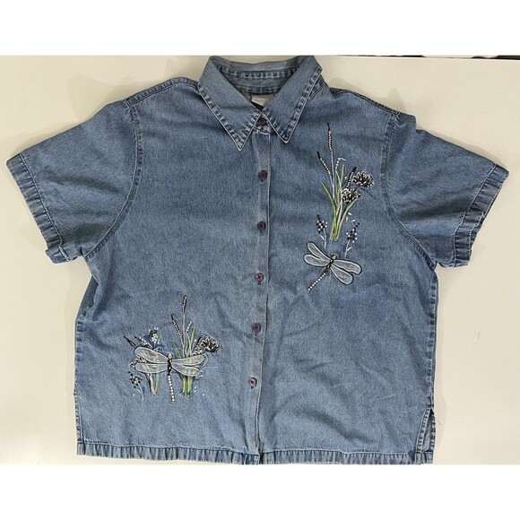 VTG BLAIR Denim Embroidered Floral Dragonfly Short Sleeve Button Up Shirt XL - Picture 8 of 8